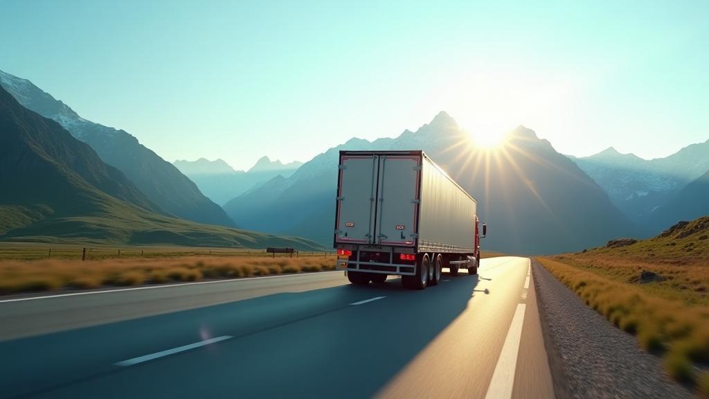 Modern truck driving on a European road with mountains in the background, symbolizing streamlined logistics across scenic routes.
